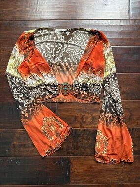 Vintage Y2K Made in USA Orange Paisley Stretch Crop Top with Decorative Buckle